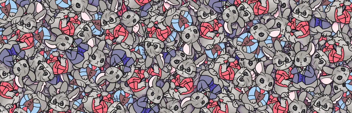 BNNUY, the WipDesk mascot, surrounded by commission cards — free, partial and fully paid